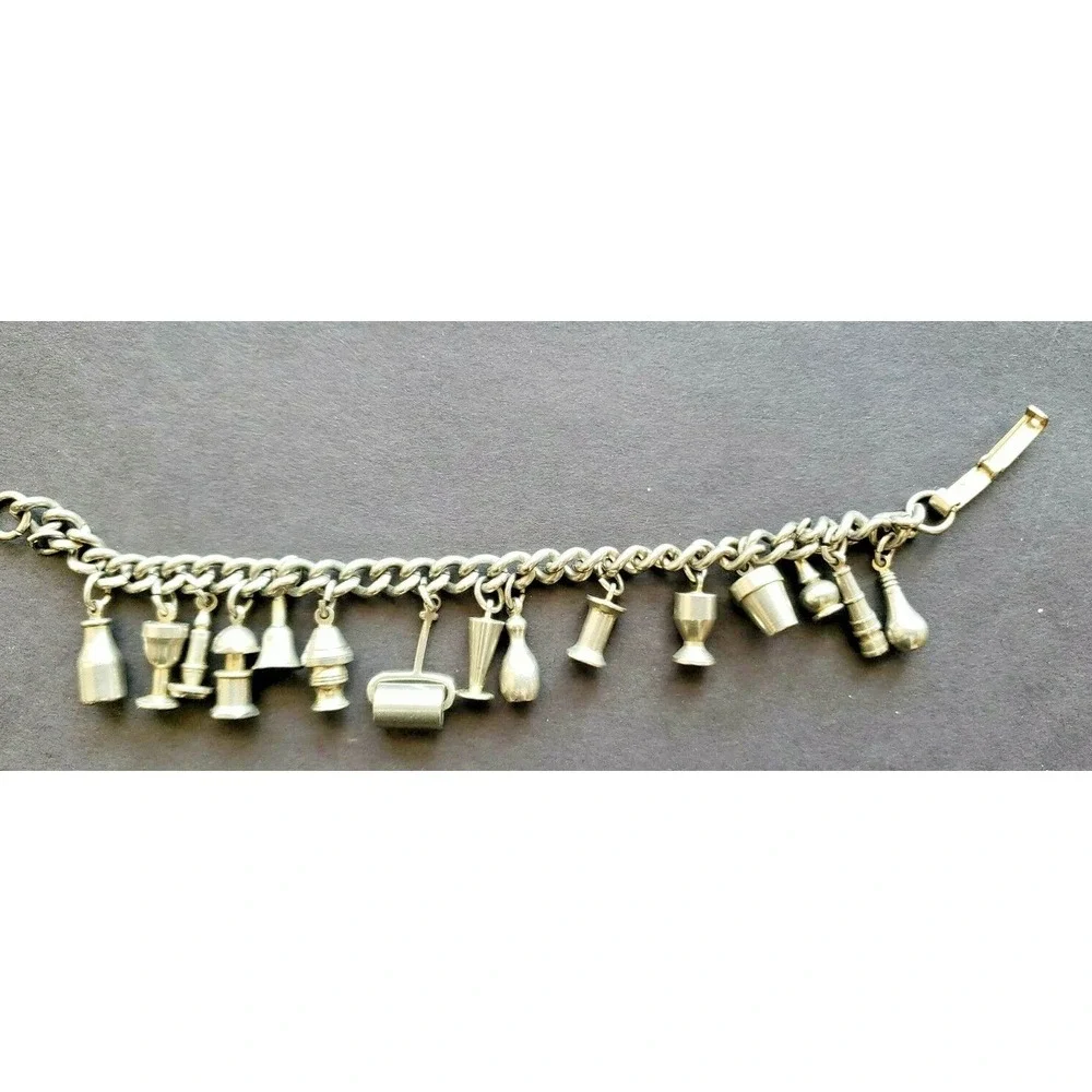 Vintage Enco Industrial Brutalist Charm Bracelet W/ 15 Charms  A1-12